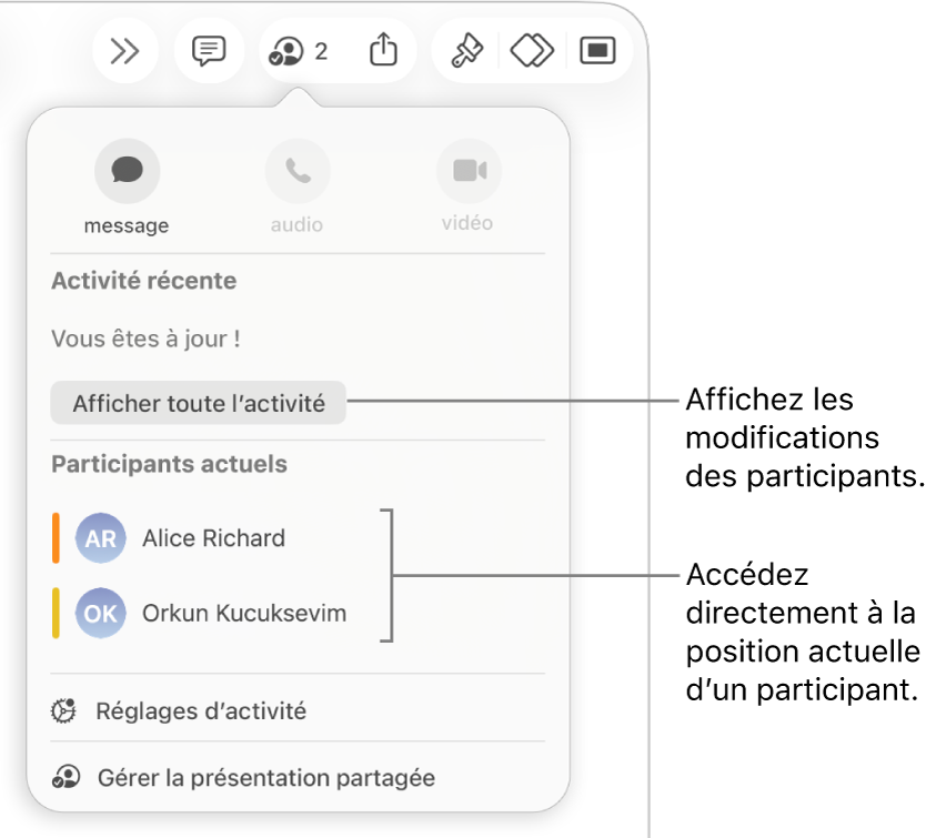Le menu de collaboration comptant deux participants actifs.
