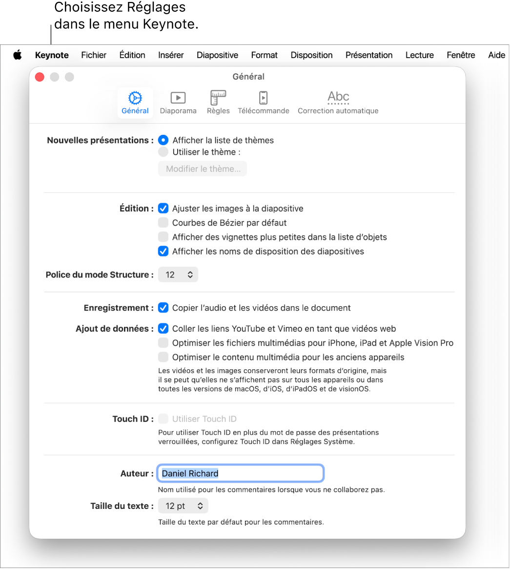 La fenêtre des réglages Keynote ouverte, présentant la sous-fenêtre Général.