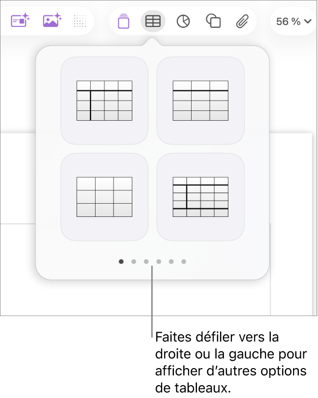 La sous-fenêtre Ajouter un tableau affichant les flèches de navigation à gauche et à droite.