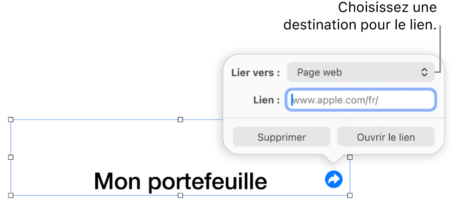 Les commandes de l’éditeur de liens avec une page web sélectionnée et les boutons Supprimer et Ouvrir le lien en bas.