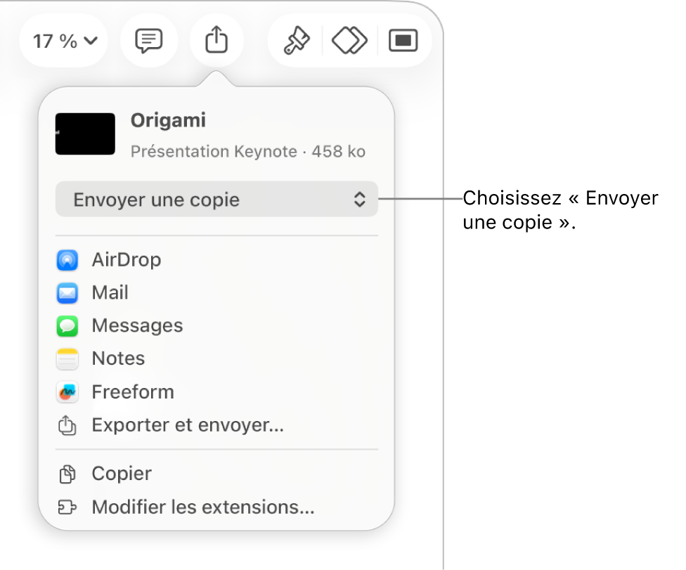 Le menu Partager avec l’option Envoyer une copie sélectionnée en haut.