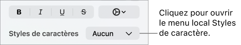 Menu local Styles de caractère au-dessous des commandes de modification du style et de la couleur du texte.