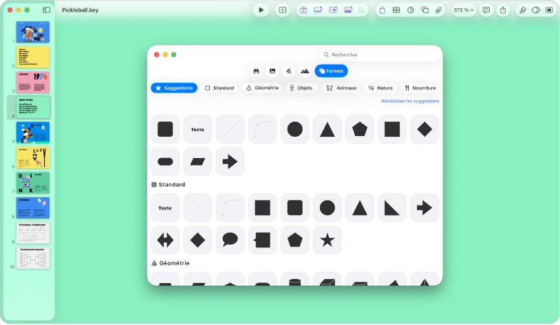 La fenêtre de Keynote avec le menu Figure ouvert dans la barre d’outils.
