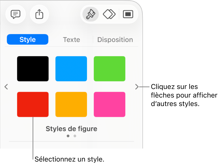 L’onglet Style de la barre latérale Format avec six styles d’objet et, à leur gauche et droite, des flèches de navigation.