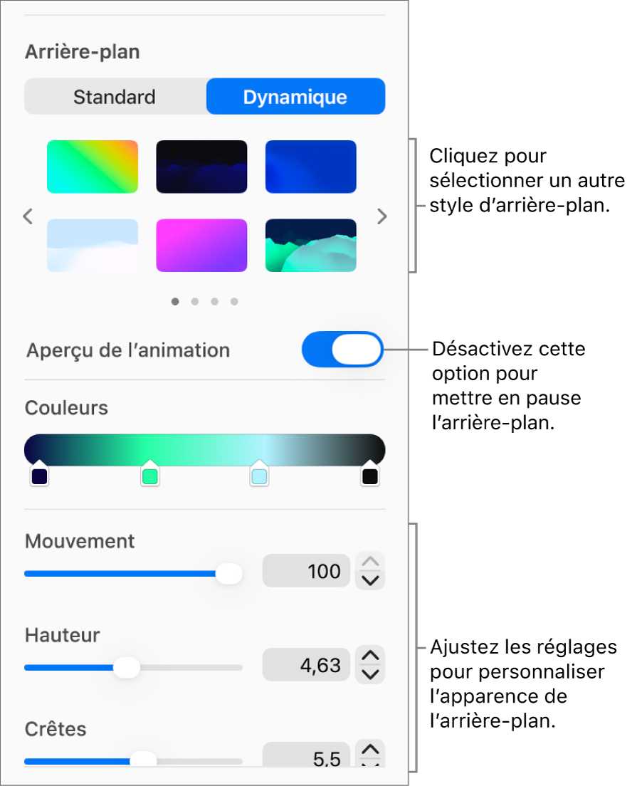 Le bouton Dynamique sélectionné dans la section Arrière-plan de la barre latérale Format avec les styles d’arrière-plans dynamiques, la commande « Prévisualiser le mouvement » et les commandes liées à l’aspect affichées.