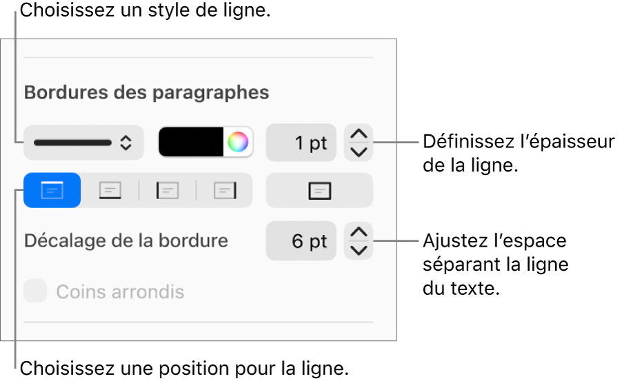 Commandes permettant de modifier le style, l’épaisseur, la position et la couleur de la ligne.