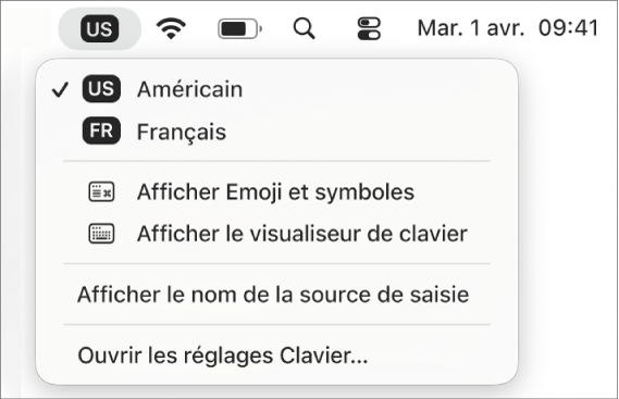 Le menu Saisie situé dans le coin supérieur droit de la barre de menus.