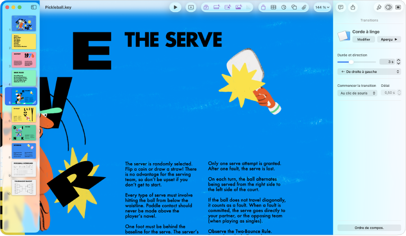 La fenêtre Keynote avec une diapositive sélectionnée dans le navigateur de diapositives sur le côté gauche de l’écran. Les commandes Transitions s’affichent dans la barre latérale Animer qui est ouverte sur le côté droit de l’écran.