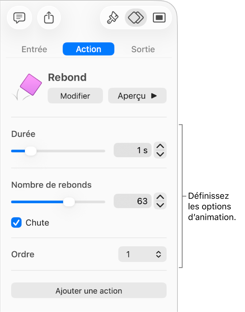 Commandes d’action de la section Animer de la barre latérale.