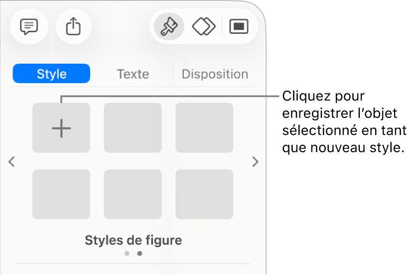 L’onglet Style de la barre latérale Format avec un bouton Créer un style en regard d’un style de zone de texte et quatre styles de paramètre fictif vides.
