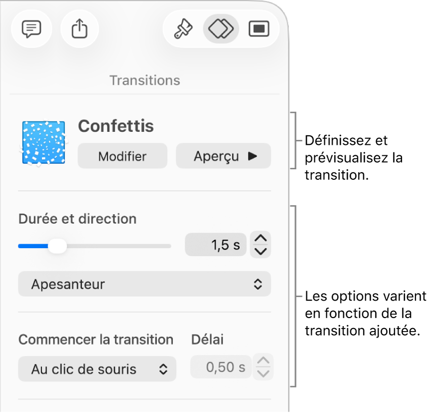 Commandes de transition de la section Transitions de la barre latérale.