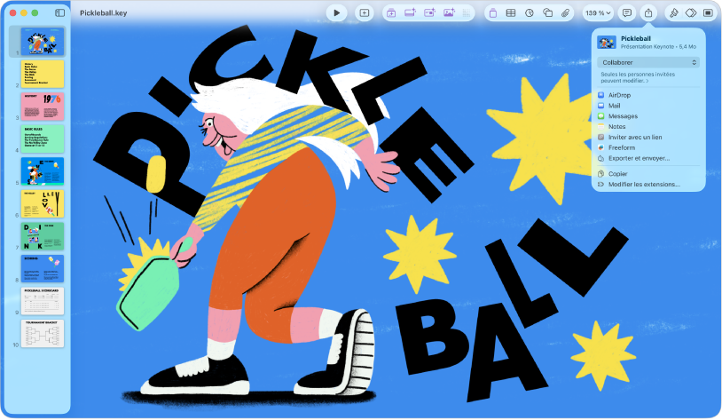 La fenêtre de Keynote avec le menu Partager ouvert dans la barre d’outils.