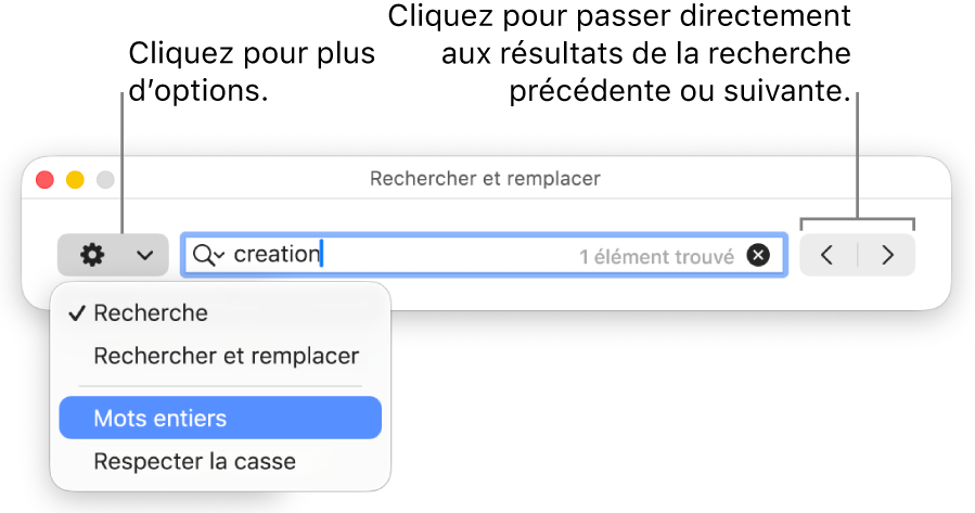 La fenêtre Rechercher et remplacer avec le menu local présentant les options Rechercher, Rechercher et remplacer, Mots entiers et Respecter la casse. Les flèches à droite permettent d’accéder directement aux résultats de recherche suivants ou précédents.