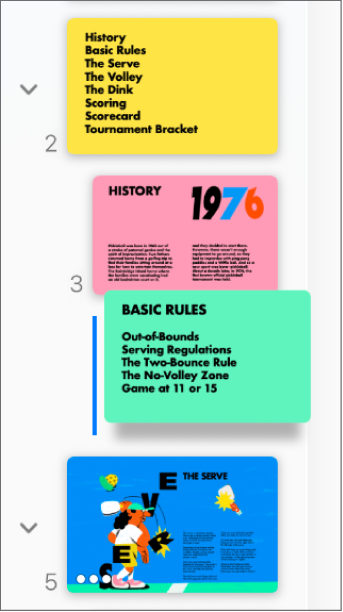 Navigateur de diapositives affichant une diapositive en retrait avec une ligne à gauche.