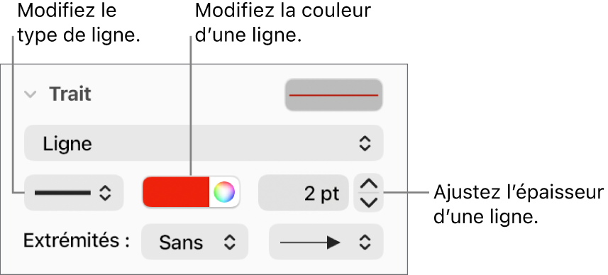 Les commandes de trait permettant de définir des extrémités, l’épaisseur du trait et sa couleur.