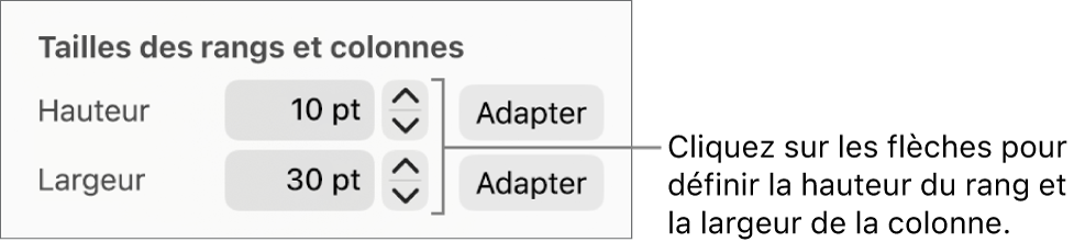 Commandes permettant de définir une taille précise de rang ou de colonne.
