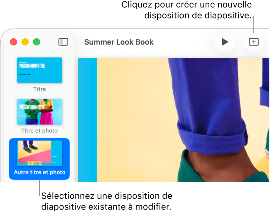 Une disposition de diapositive dans la zone dédiée, avec le bouton « Ajouter une diapositive » au-dessus dans la barre d’outils.