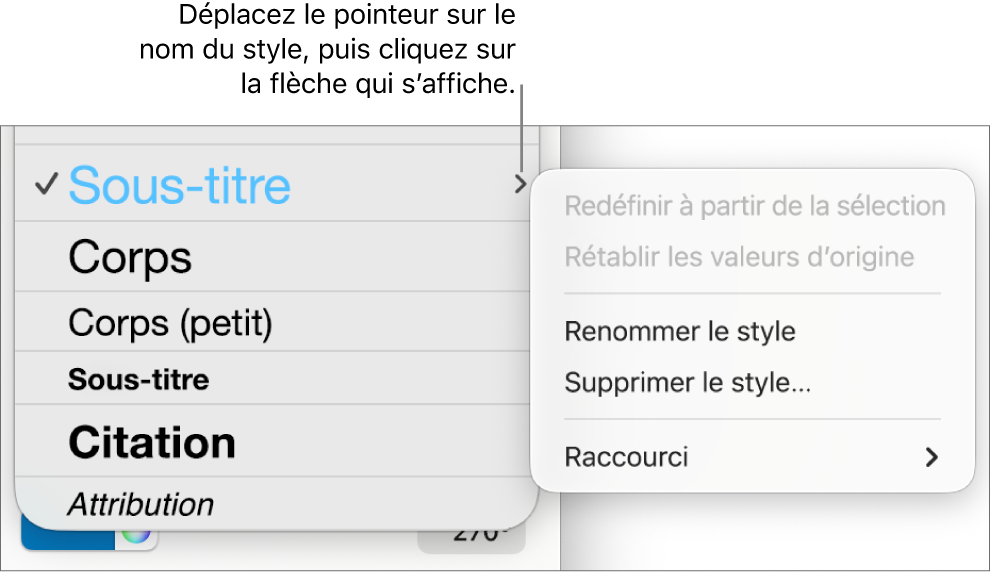 Le menu « Styles de paragraphe » avec le menu contextuel ouvert.