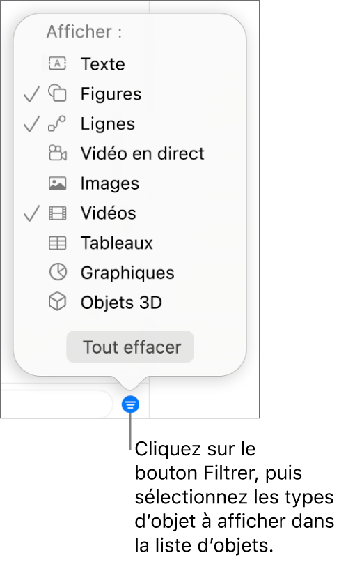 Le menu local Filtrer ouvert, avec les types d’objets qui peuvent être compris dans la liste (texte, figures, lignes, images, films, tableaux et graphiques).