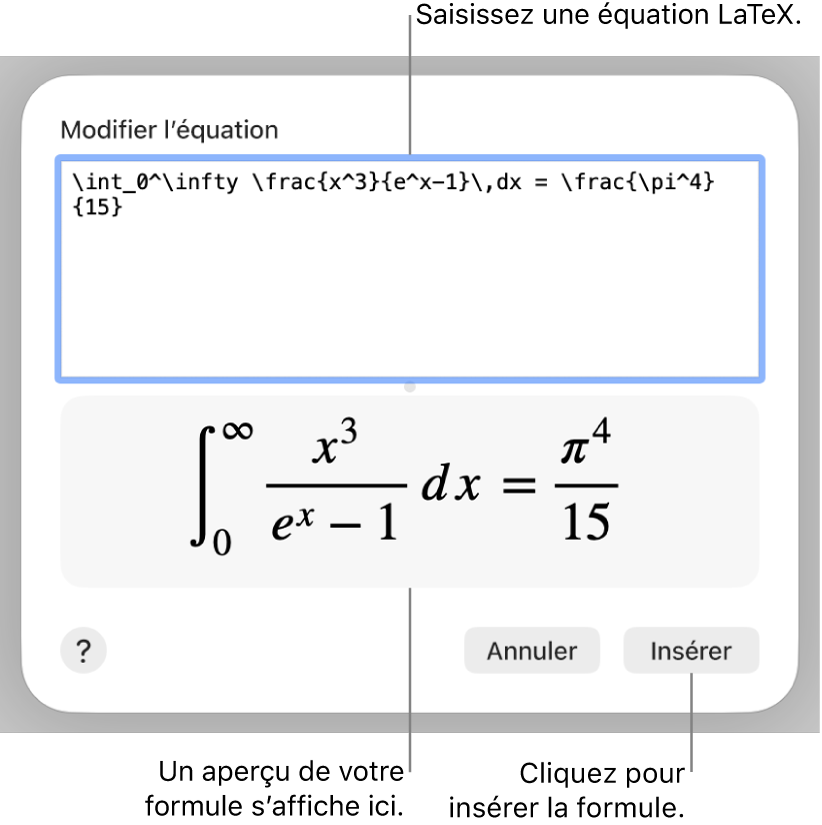 Formule quadratique composée à l’aide du langage LaTeX dans le champ Équation et aperçu de la formule en bas.