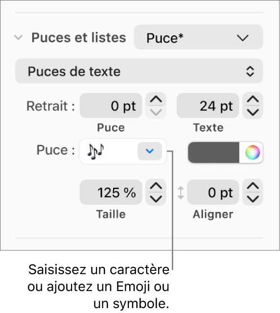 La section « Puces et listes » de la barre latérale Format. Le champ Puce affiche un Emoji en forme de fleur.
