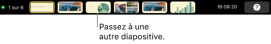 La Touch Bar du MacBook Pro avec des commandes de présentation pour quitter la présentation, accéder à d’autres diapositives et permuter l’affichage de l’intervenant.