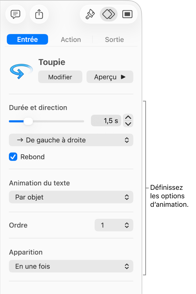 Options d’entrée de la section Animer de la barre latérale.