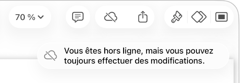 Les boutons en haut de l’écran, avec le bouton Collaboration remplacé par un nuage barré d’une ligne diagonale. Une alerte à l’écran indique « Vous êtes hors ligne, mais vous pouvez toujours effectuer des modifications ».