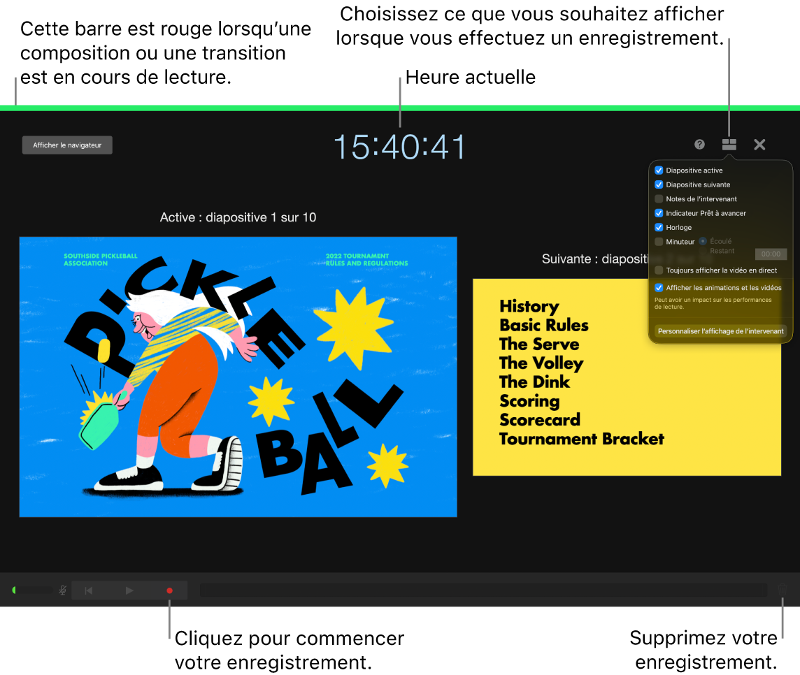 Capture d’écran du mode d’enregistrement de voix sur l’écran de l’intervenant. Les commandes de la diapositive active et de la suivante, de l’heure actuelle et de l’écran de l’intervenant sont affichées. La commande de démarrage et d’arrêt de l’enregistrement, ainsi que la commande de suppression de l’enregistrement s’affichent en bas de l’écran.