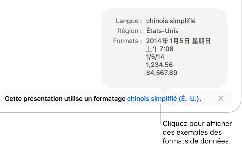La notification du réglage de langue et de région différents, qui affiche des exemples de la mise en forme correspondant à cette langue et à cette région.