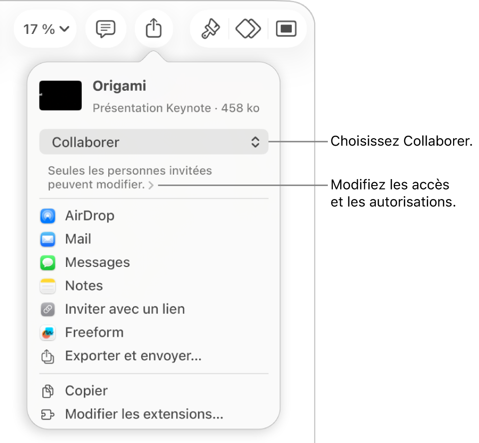 Le menu Partager avec l’option Collaborer sélectionnée en haut, et des réglages d’accès et d’autorisation en dessous.