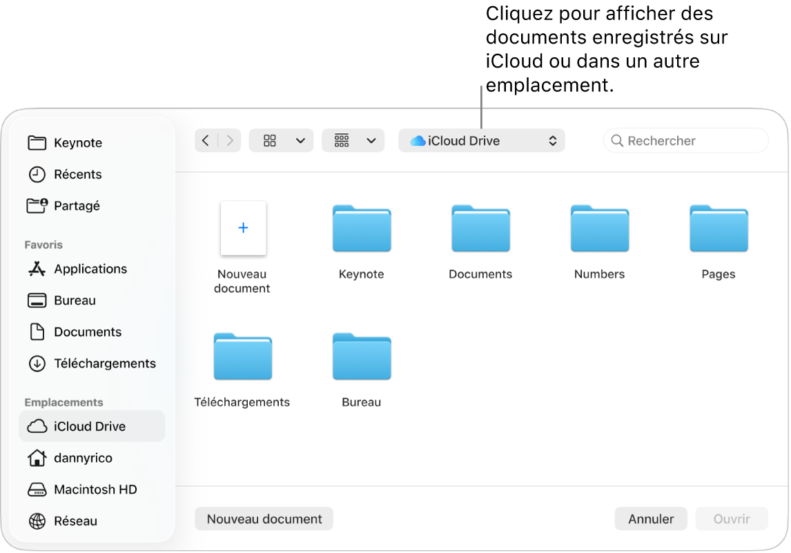 La zone de Dialogue Ouvrir avec la barre latérale ouverte sur la gauche et iCloud Drive sélectionné dans le menu local en haut. Des dossiers pour Keynote, Numbers et Pages apparaissent dans la zone de dialogue, ainsi que le bouton Nouveau document.