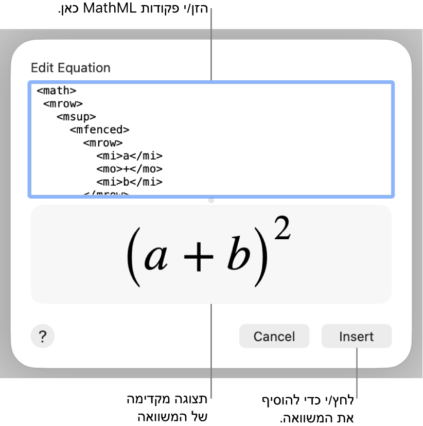 המשוואה של עקומה של קו בשדה ״ערוך משוואה״, עם תצוגה מקדימה של הנוסחה למטה.