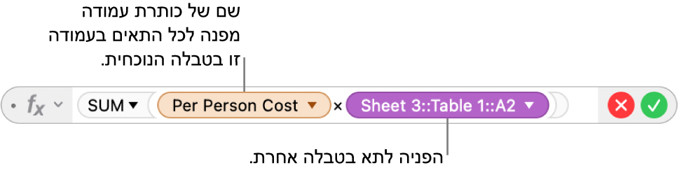 ״עורך הנוסחאות״ עם משולש שצריך ללחוץ עליו כדי לפתוח אפשרויות לשמירה על ההפניות של העמודות או השורות.