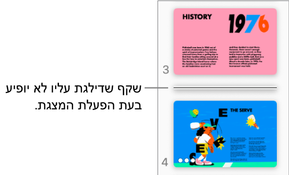 נווט השקפים עם שקף שדילגת עליו מוצג כקו אופקי.
