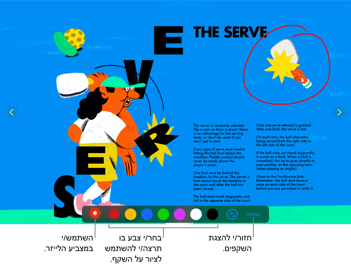 שקף במצב ציור על שקף המראה את מצביע הלייזר וכלי בקרה לבחירת צבעים.