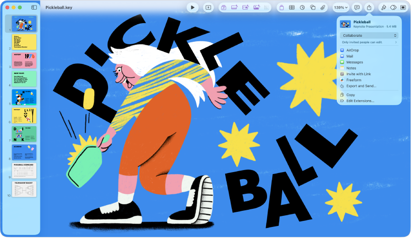 תפריט השיתוף פתוח בסרגל הכלים בחלון של Keynote.