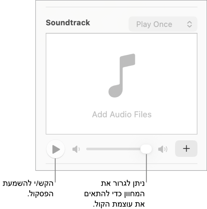 כלי הבקרה של ״פסקול״, עם הסבר לגבי הכפתור ״הפעל״ ולגבי המחוון ״עוצמת שמע״.