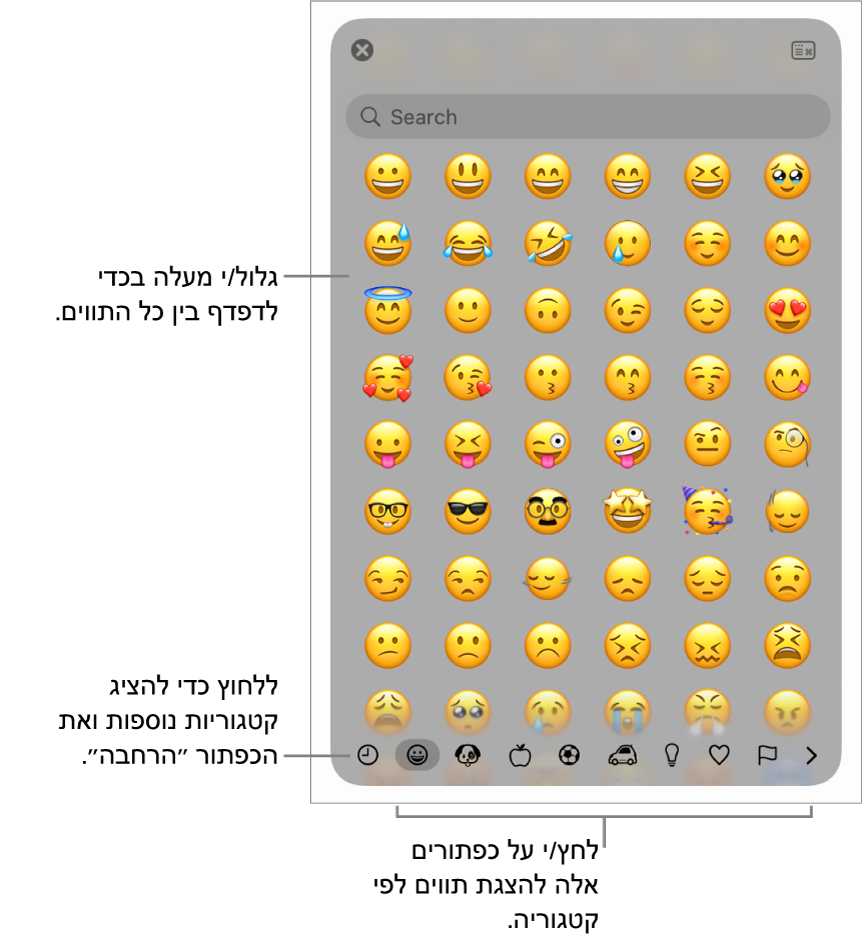 החלון הקופצני ״תווים מיוחדים״ עם סמלי הבעה, כפתורים עבור סמלים מסוגים שונים בחלק התחתון והסבר לכפתור להצגת חלון התווים המלא.