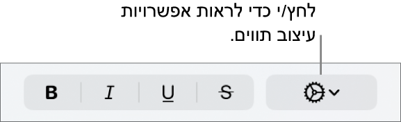 הכפתור ״אפשרויות מתקדמות״ בסמוך לכפתורים ״עבה״, ״נטוי״ ו״קו תחתון״.
