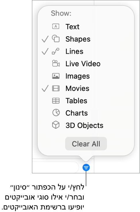 התפריט הקופצני ״סינון״ פתוח, עם רשימה של סוגי האובייקטים שהרשימה יכולה לכלול (מלל, צורות, קווים, תמונות, סרטים, טבלאות ותרשימים).