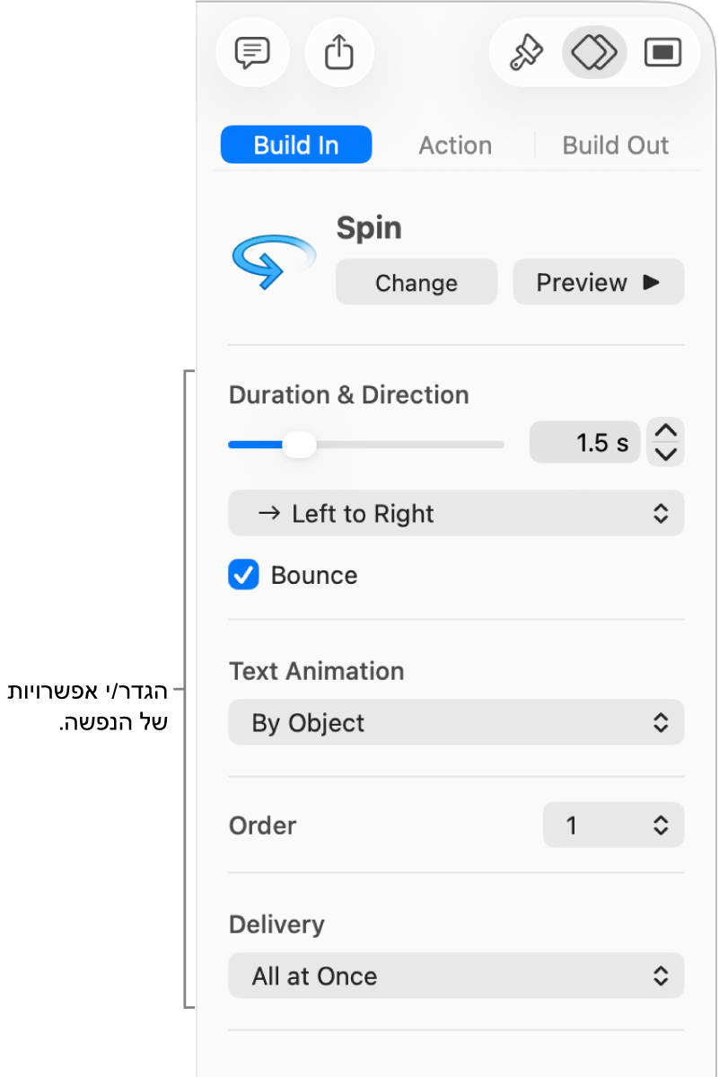 אפשרויות הנפשת כניסה במקטע ״הנפש״ בסרגל הצד.