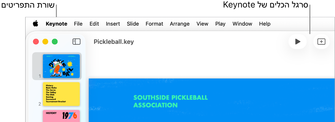 שורת התפריטים בראש המסך עם התפריטים Apple‏, Keynote, ״קובץ״, ״ערוך״, ״הכנס״, ״עיצוב״, ״ארגן״, ״תצוגה״, ״הפעלה״, ״שתף״, ״חלון״ ו״עזרה״. מתחת לשורת התפריטים ישנה מצגת Keynote פתוחה עם כפתורי סרגלי כלים לאורך החלק העליון עבור ״תצוגה״, ״הגדלה/הקטנה״, ״הוסף שקף״, ״הפעל״, ״טבלה״, ״תרשים״, ״מלל״, ״צורה״ ו״מדיה״.