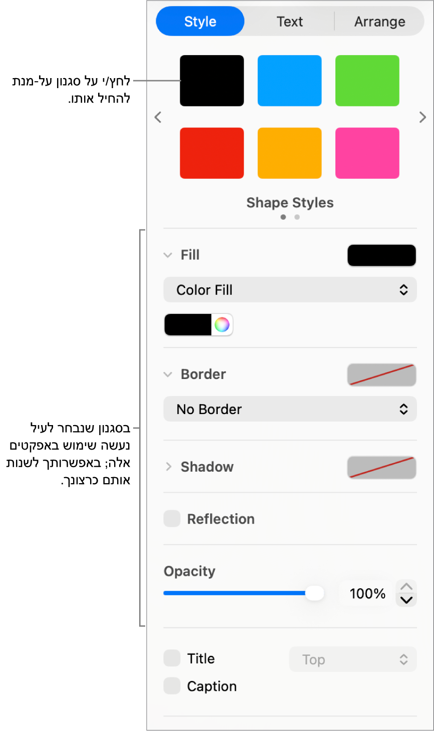 סגנונות ואפשרויות עבור צורות במקטע ״עיצוב״ בסרגל הצד.