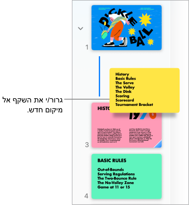 נווט השקפים מציג תמונה ממוזערת של שקפים שאורגנו מחדש עם קו משמאל.