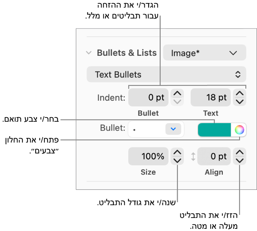 המקטע ״תבליטים ורשימות״ עם הסברים לגבי הפקדים של הזחת תבליט ומלל, צבע תבליט, גודל תבליט ויישור.