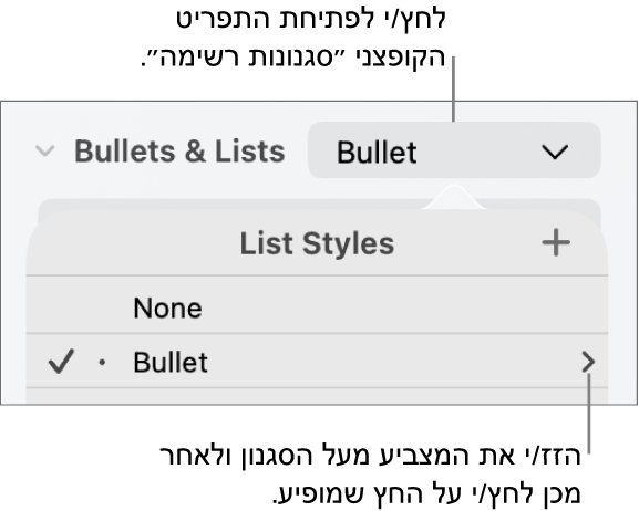 התפריט הקופצני ״סגנונות רשימה״ עם סגנון אחד נבחר וחץ בקצה הימני שלו.