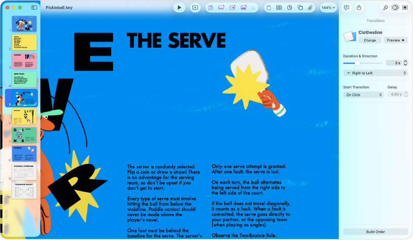 החלון של Keynote מציג שקף שנבחר בנווט השקפים בצד ימין של המסך. פקדי המעבר מופיעים בסרגל הצד ״הנפשה״ שפתוח בצד שמאל של המסך.