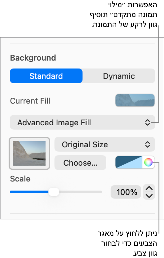 כלי הבקרה של ״רקע״, עם ״מילוי תמונה מתקדם״ צבוע שמוגדר כרקע של השקף.