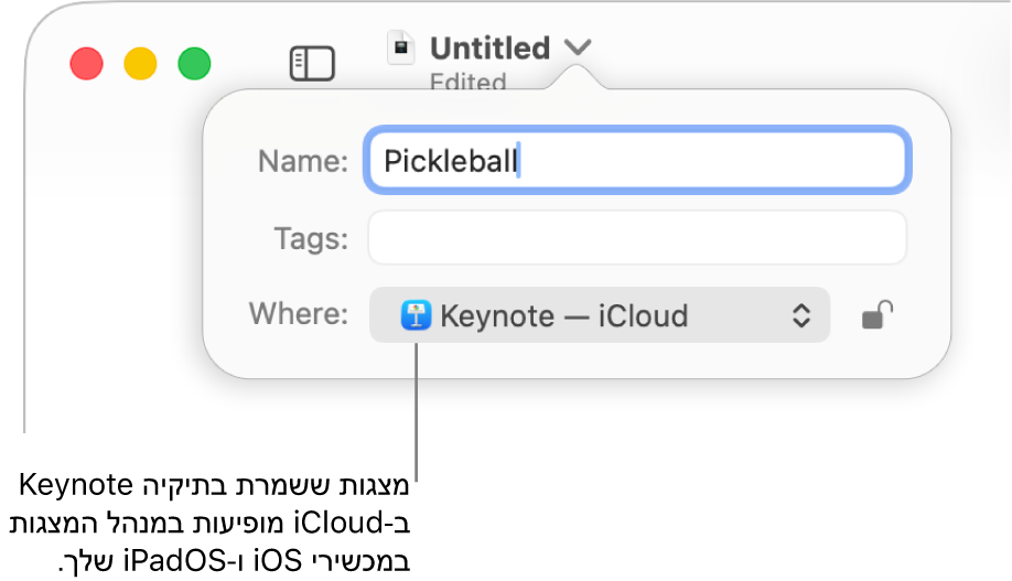 תיבת הדו-שיח ״שמירה״ של מצגת עם הכיתוב Keynote—iCloud בתפריט הקופצני ״היכן״.